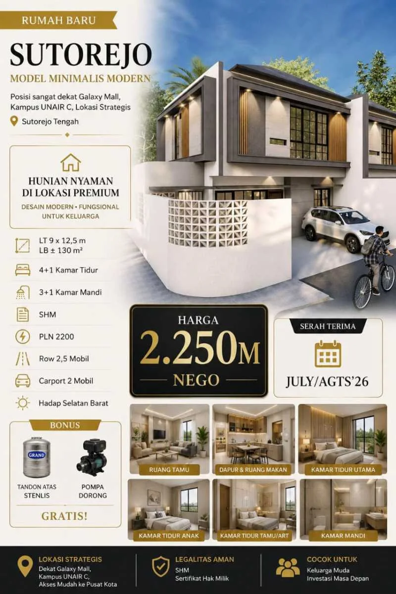 Jual Rumah Baru 2 Lantai Murah 2 M an di Sutorejo Tengah Surabaya Timur - Image 1