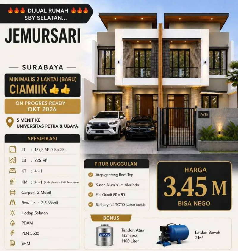 Dijual Rumah Baru 2 Lantai Strategis Murah 3 M an di Jemursari Surabaya Selatan - Image 1