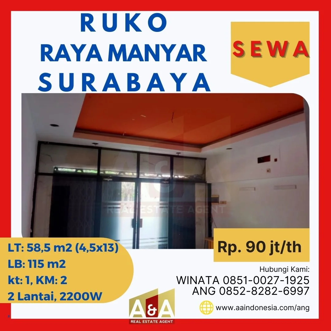 Disewakan Ruko 2 Lantai Murah Strategis di Raya Manyar Surabaya UNDER 100 JUTA