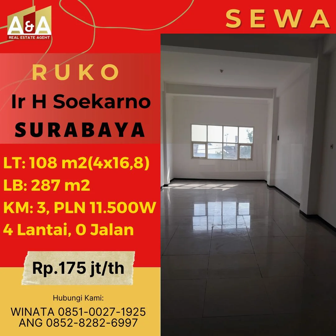 Disewakan Ruko 4 Lantai Strategis di Jalan Ir H Soekarno Surabaya UNDER 200 JUTA