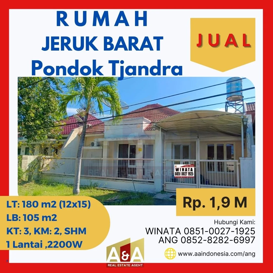 Dijual/disewakan Rumah 1 Lantai Murah di Jeruk Barat Pondok Tjandra Sidoarjo
