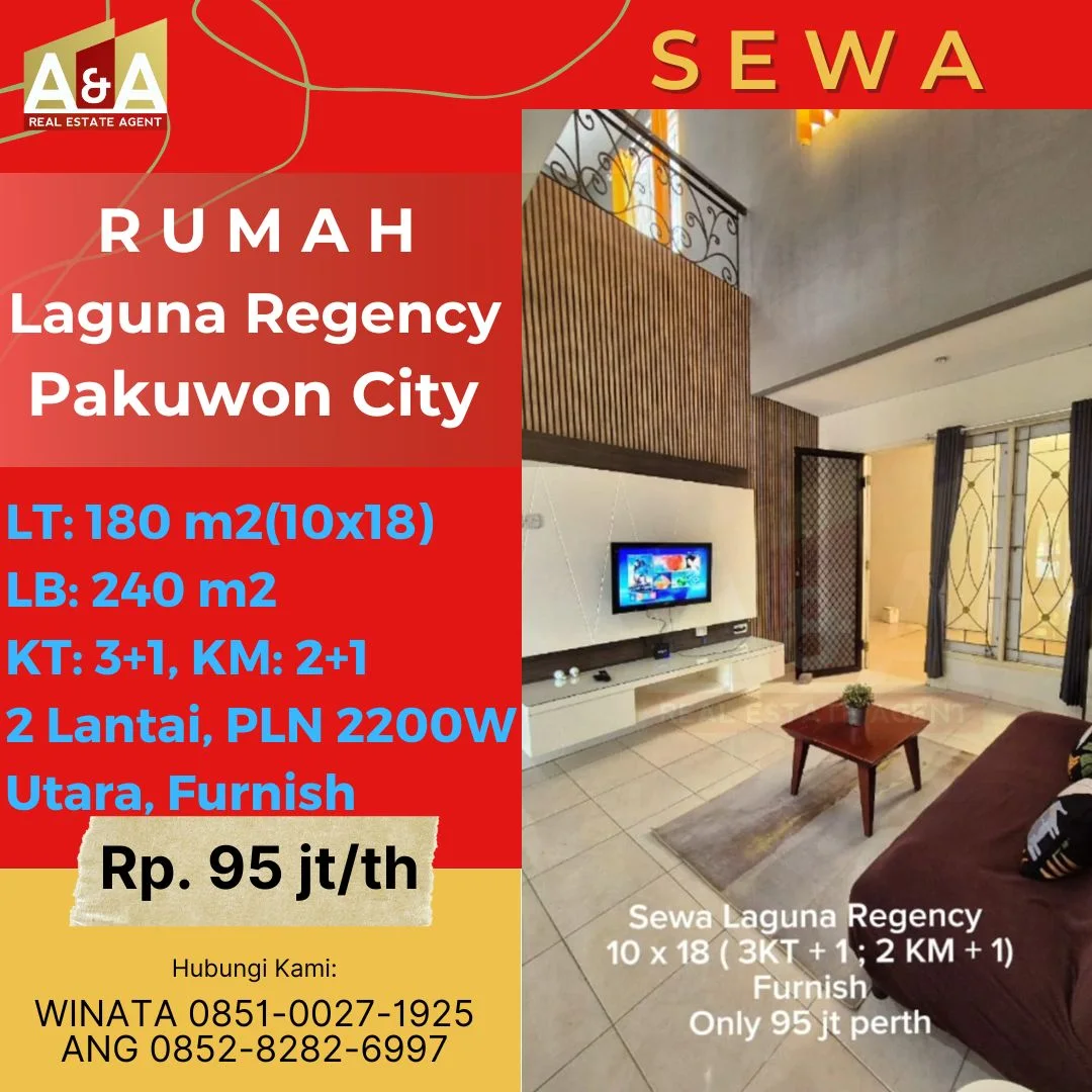 Disewakan Rumah 2 Lantai Murah Siap Huni di Laguna Regency Pakuwon City Surabaya