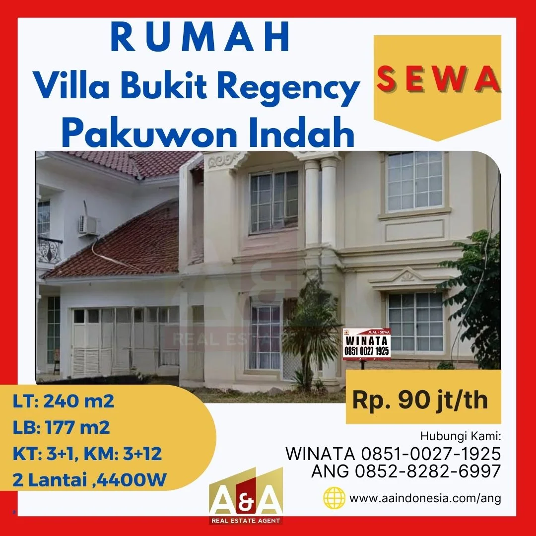 Disewakan Rumah Murah 2 Lantai Siap Huni Lokasi Strategis di Villa Bukit Regency 3 Pakuwon Indah Surabaya Barat - Image 1